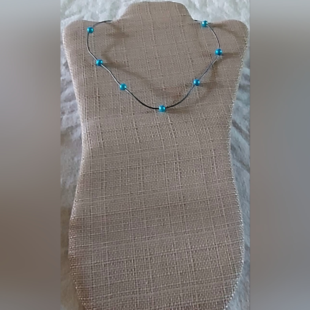 Handmade Light Blue Pearl & Charcoal Gray Leather Necklace